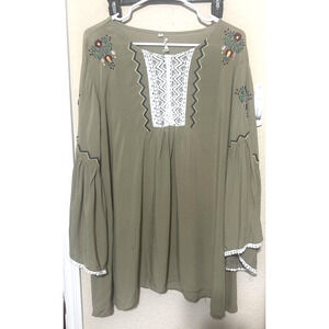 Southern Stitch Peasant Embroidered Tunic Top Sage green sz XL flowy oversize